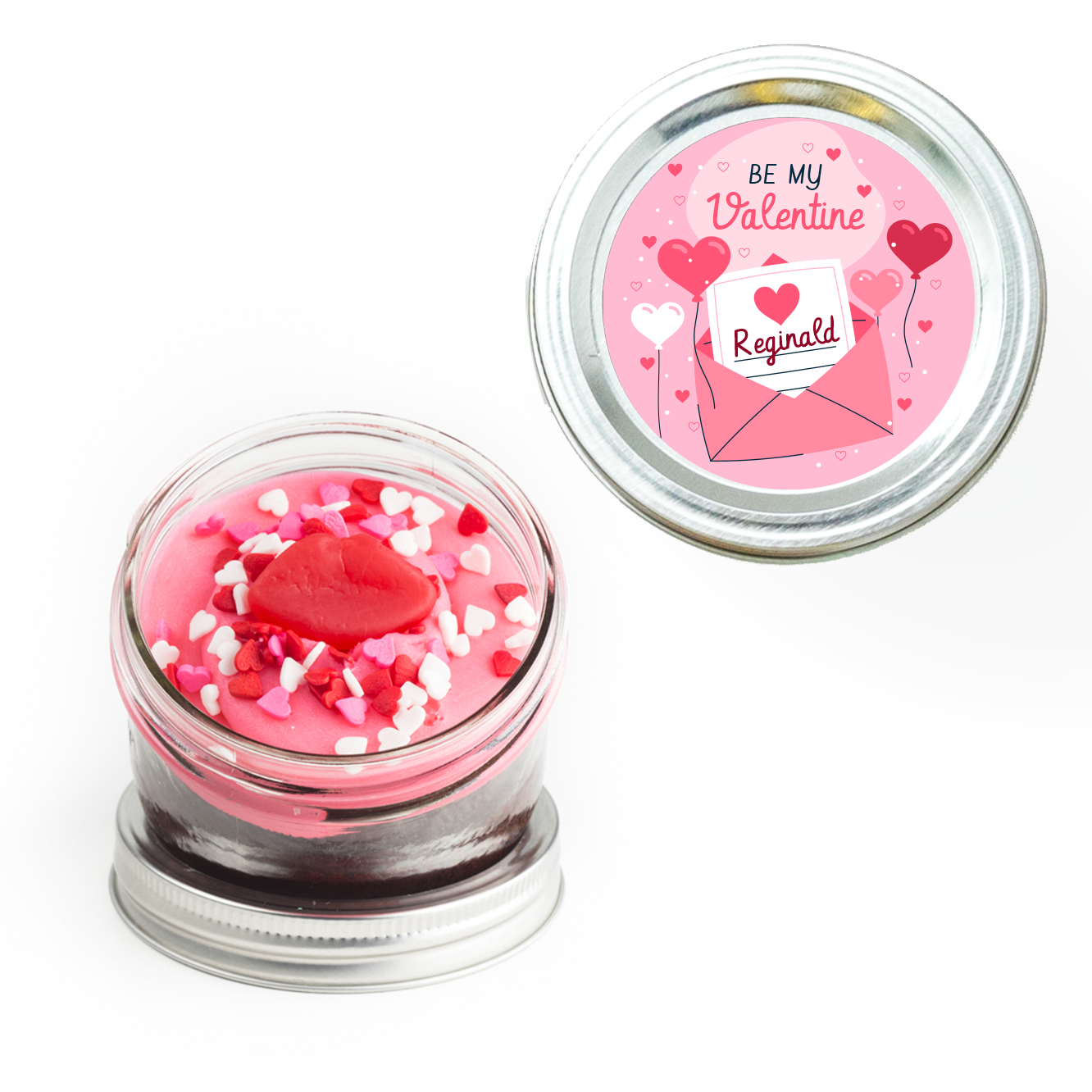 Be My Valentine Personalized Jarcake in a jar with romantic sticker applied to a gourmet cupcake jar (various flavours available) for nut-free delivery in Toronto.