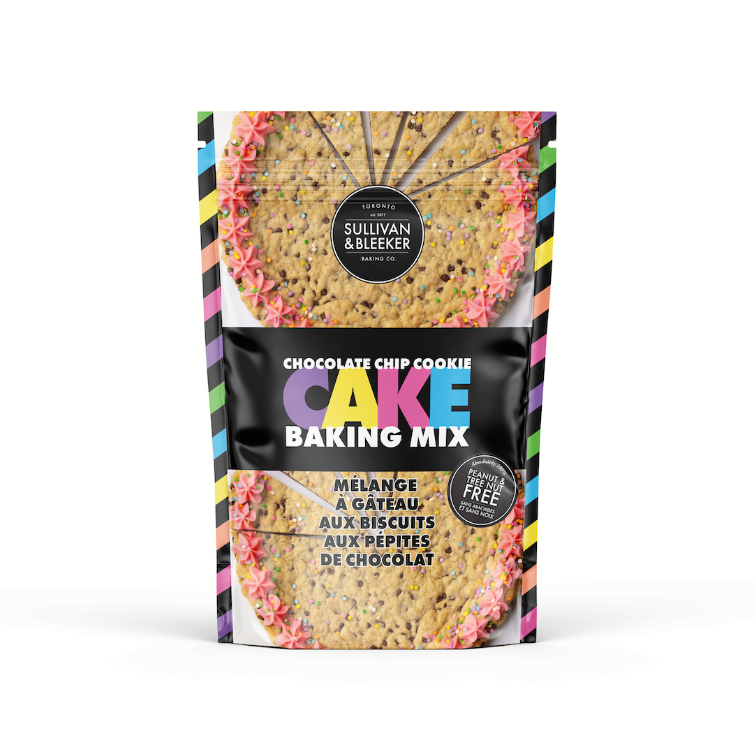 Chocolate Chip Cookie Cake Mix Kit in a bag with chocolate chips for baking a large, round nut-free cookie cake in Toronto.