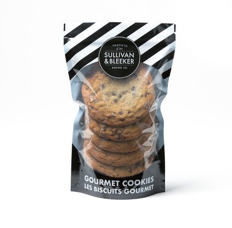 Six-pack of soft-baked Chocolate Chip nut-free cookies in a resealable zip-top bag for family treats in Toronto.