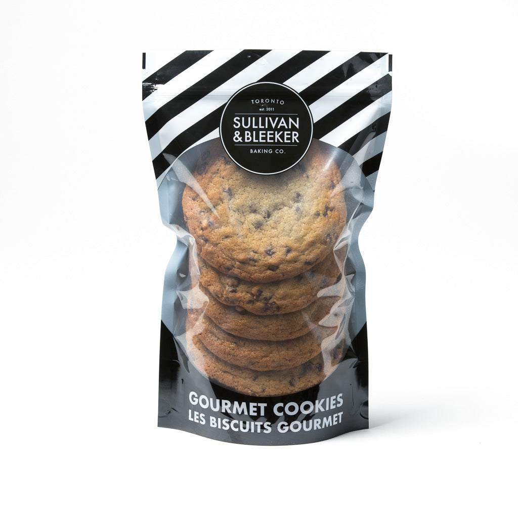 Six-pack of soft-baked Chocolate Chip nut-free cookies in a resealable zip-top bag for family treats in Toronto.