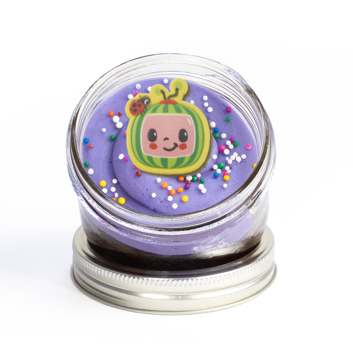 CoComelon Jarcake (Mini/Regular sizes) in a jar with personalized sticker option, themed frosting, and JJ ring for nut-free delivery in Toronto.