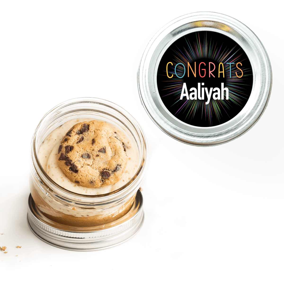 Congrats Personalized Jarcake in a jar with blue sticker applied to a gourmet cupcake jar (various flavours available) for nut-free delivery in Toronto.