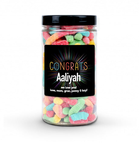 "Congrats" Candy Jar (6" tall) with custom name and message sticker, filled with nut-free Boom Candy for delivery in Toronto.