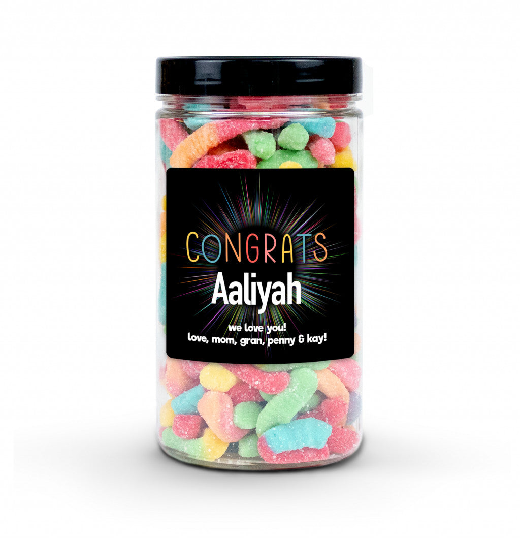 "Congrats" Candy Jar (6" tall) with custom name and message sticker, filled with nut-free Boom Candy for delivery in Toronto.