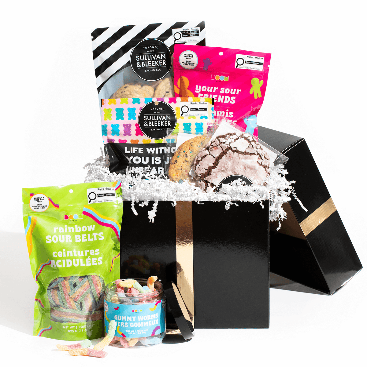 Luxury Cookie & Candy Gift Box (black box) with assorted nut-free cookies and Boom Candy assortment for free delivery in Toronto.