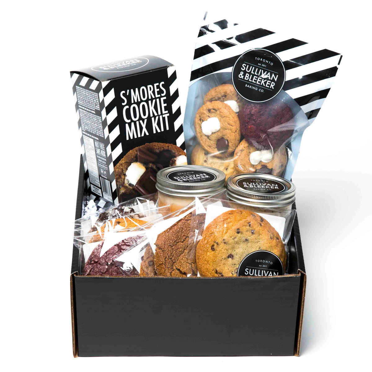 Luxury Cookie &amp; Cupcake Gift Box (black box) filled with assorted gourmet cookies, Jarcakes, shortbread, and a mix kit for delivery in Toronto.