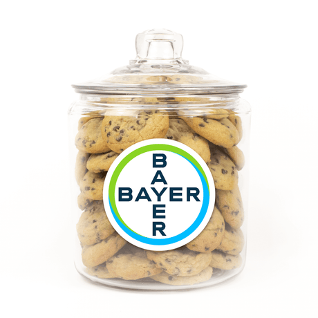 Custom Logo Gourmet Cookie Jar filled with soft-baked assorted cookies and a 5-inch custom logo sticker for bulk corporate gifting in Toronto.