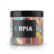 Clear custom logo candy tub with black lid, filled with colourful assorted sour gummies.