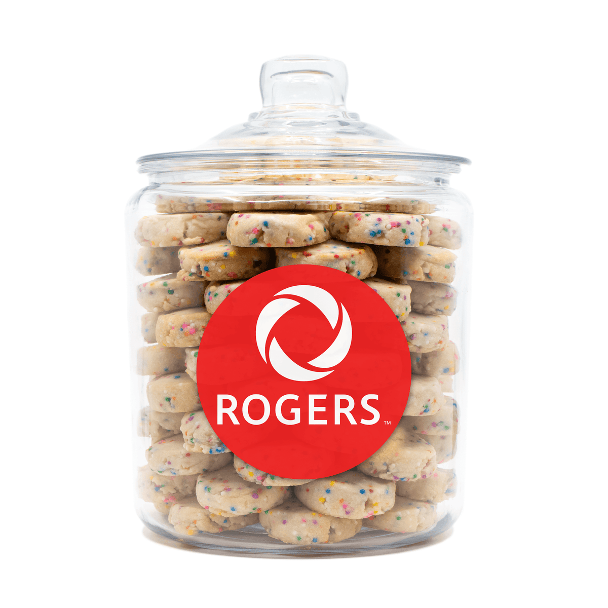 Custom Logo Shortbread Cookie Jar filled with 100+ shortbread cookies and a 5-inch custom logo sticker for bulk corporate gifting in Toronto.