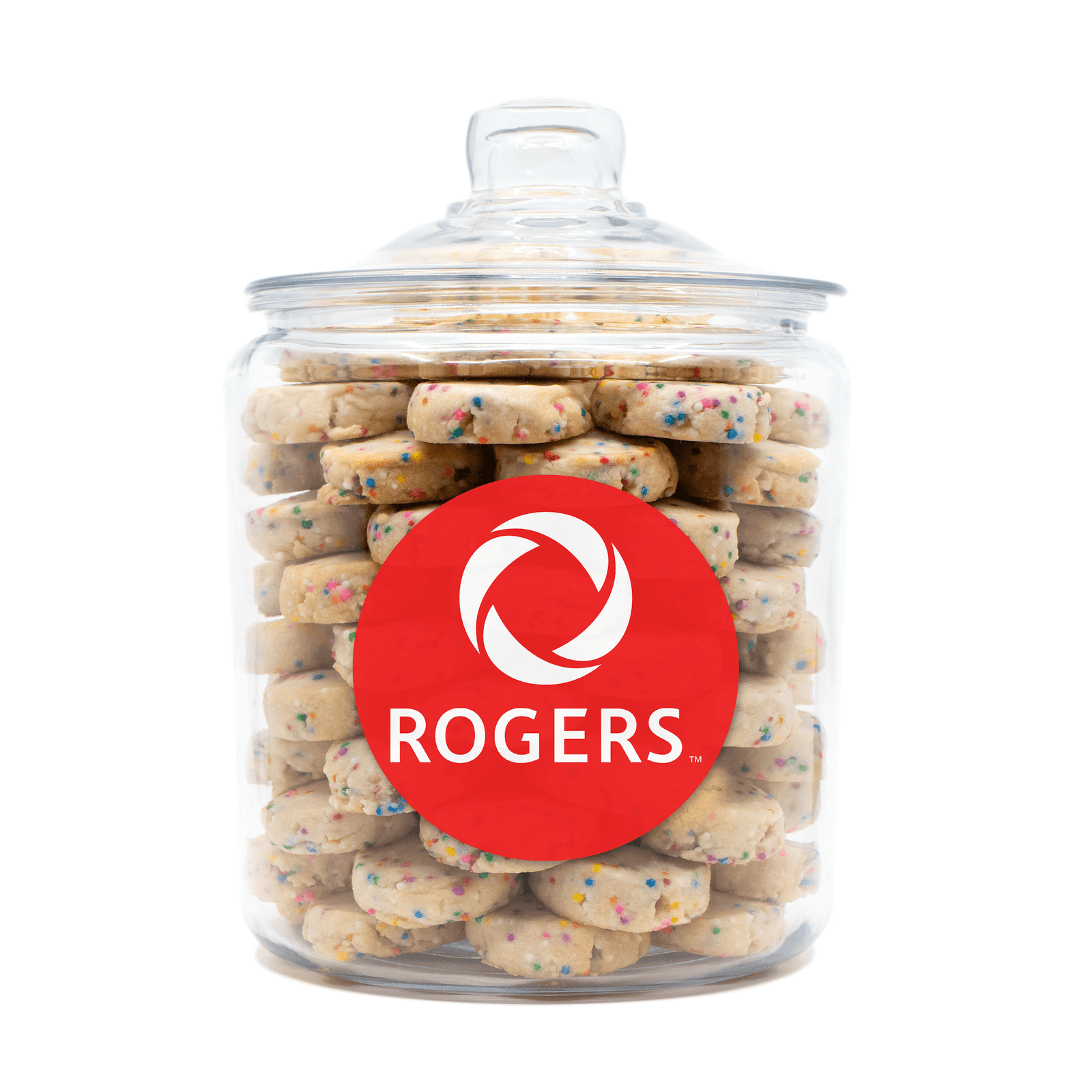 Custom Logo Shortbread Cookie Jar filled with 100+ shortbread cookies and a 5-inch custom logo sticker for bulk corporate gifting in Toronto.