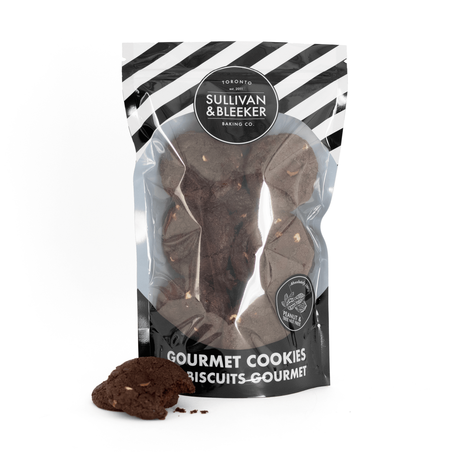 14 Mini soft-baked Double Chocolate nut-free cookies in a resealable zip-top bag, loaded with three chocolate chips for catering in Toronto.