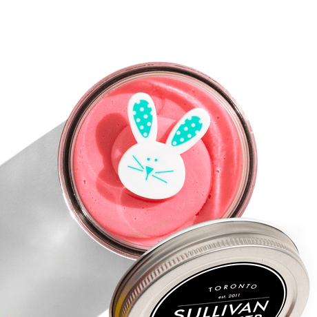 The Eggstra Special Easter Jarcake with pink and green frosting in a glass jar, nut-free Easter treat baked fresh in Toronto.