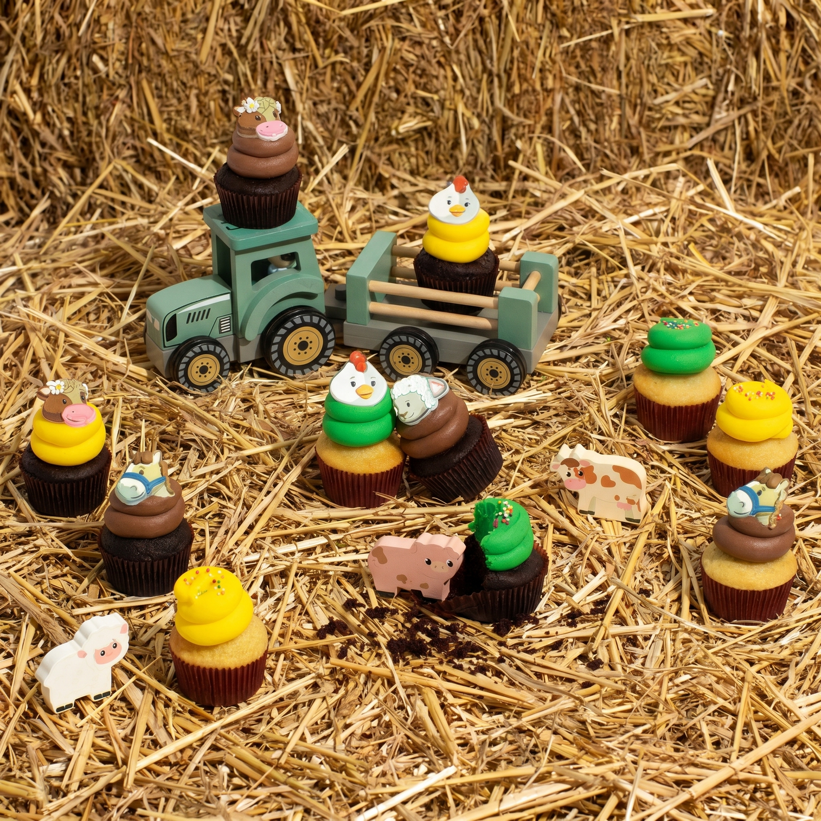 A dozen farm animal themed nut-free cupcakes featuring vanilla and chocolate bases decorated with cow, horse, sheep, and chicken toppers with sprinkles.