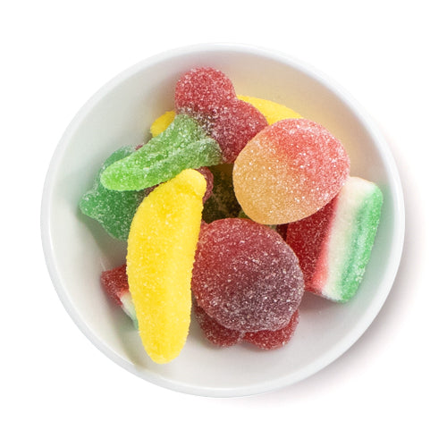 Fruit Salad [Bulk] featuring colourful sugared gummy fruit pieces from a 100% peanut and tree nut free bakery.