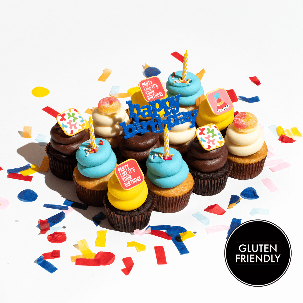 Gluten-friendly Let's Have a Party dozen,  twelve nut-free birthday cupcakes with sprinkles, candles, and Happy Birthday plaque, Toronto delivery.