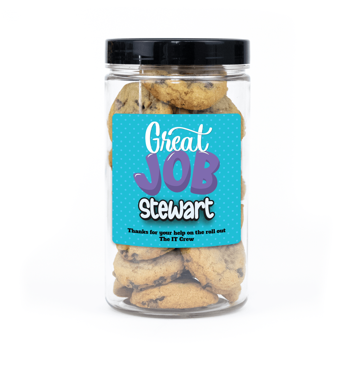 "Great Job" Cookie Jar (6" tall) with custom name and message sticker, filled with 20 mini cookies (Choc Chip, S'mores, Red Velvet) for delivery in Toronto.