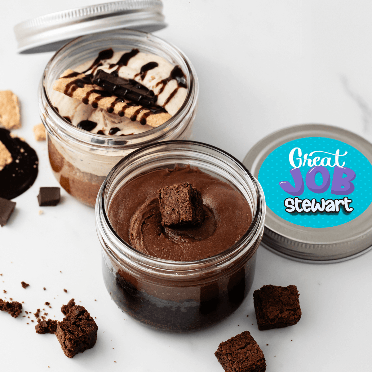 Great Job Personalized Jarcake in a jar with congratulatory sticker applied to a gourmet cupcake jar (various flavours available) for nut-free delivery in Toronto.