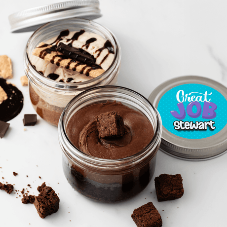 Great Job Personalized Jarcake in a jar with congratulatory sticker applied to a gourmet cupcake jar (various flavours available) for nut-free delivery in Toronto.