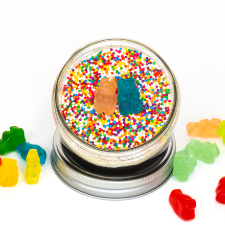Gummy Bear Jarcake (available in Mini/Regular sizes) in a jar with personalized sticker option, colourful frosting, and gummy bears for nut-free delivery in Toronto.