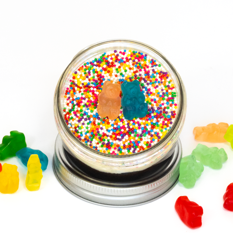 Gummy Bear Jarcake (available in Mini/Regular sizes) in a jar with personalized sticker option, colourful frosting, and gummy bears for nut-free delivery in Toronto.
