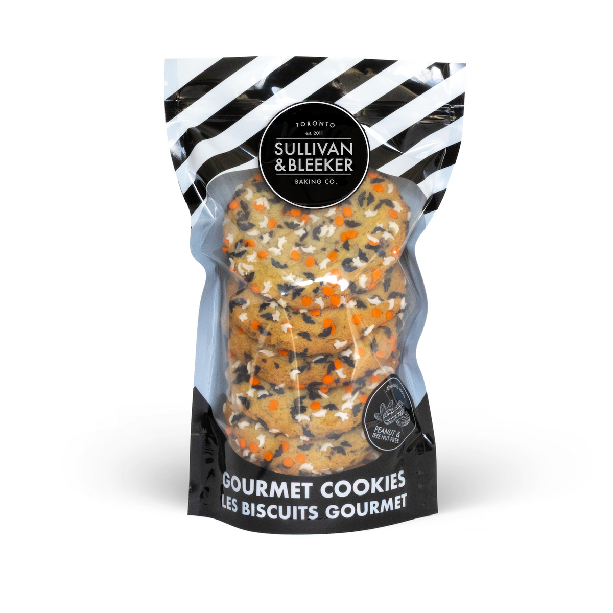 Six-pack of soft-baked Halloween nut-free chocolate chip cookies in a resealable zip-top bag for spooky gifts in Toronto.