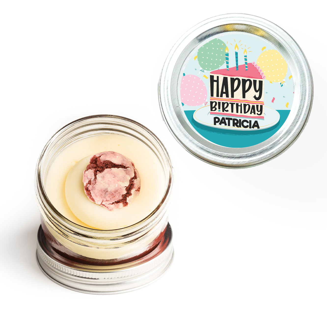 Happy Birthday Cake Slice Jarcake in a jar with cake slice sticker applied to a gourmet cupcake jar (various flavours available) for nut-free delivery in Toronto.