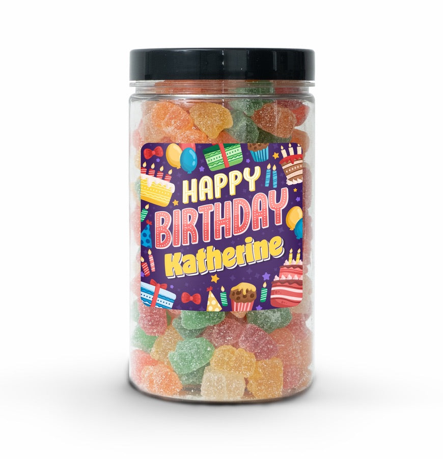 Happy Birthday Graphics Candy Jar (6" tall) with custom name and message sticker, filled with nut-free Boom Candy for delivery in Toronto.