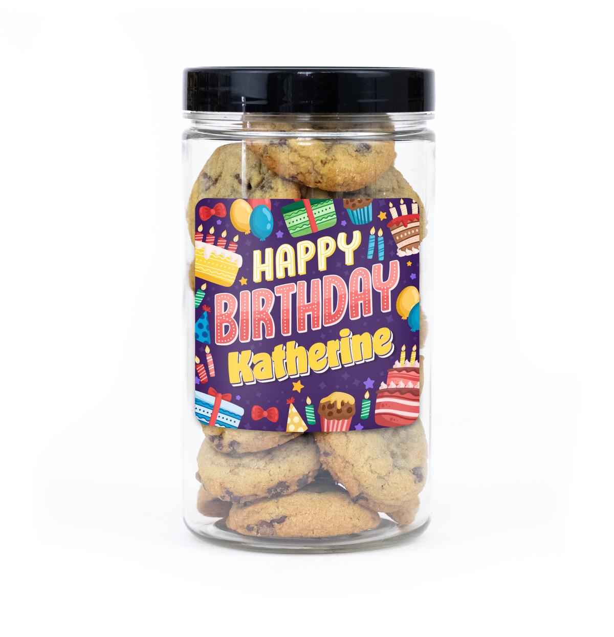 Happy Birthday Graphics Cookie Jar (6" tall) with custom name and message sticker, filled with 20 mini cookies (Choc Chip, S'mores, Red Velvet) for delivery in Toronto.