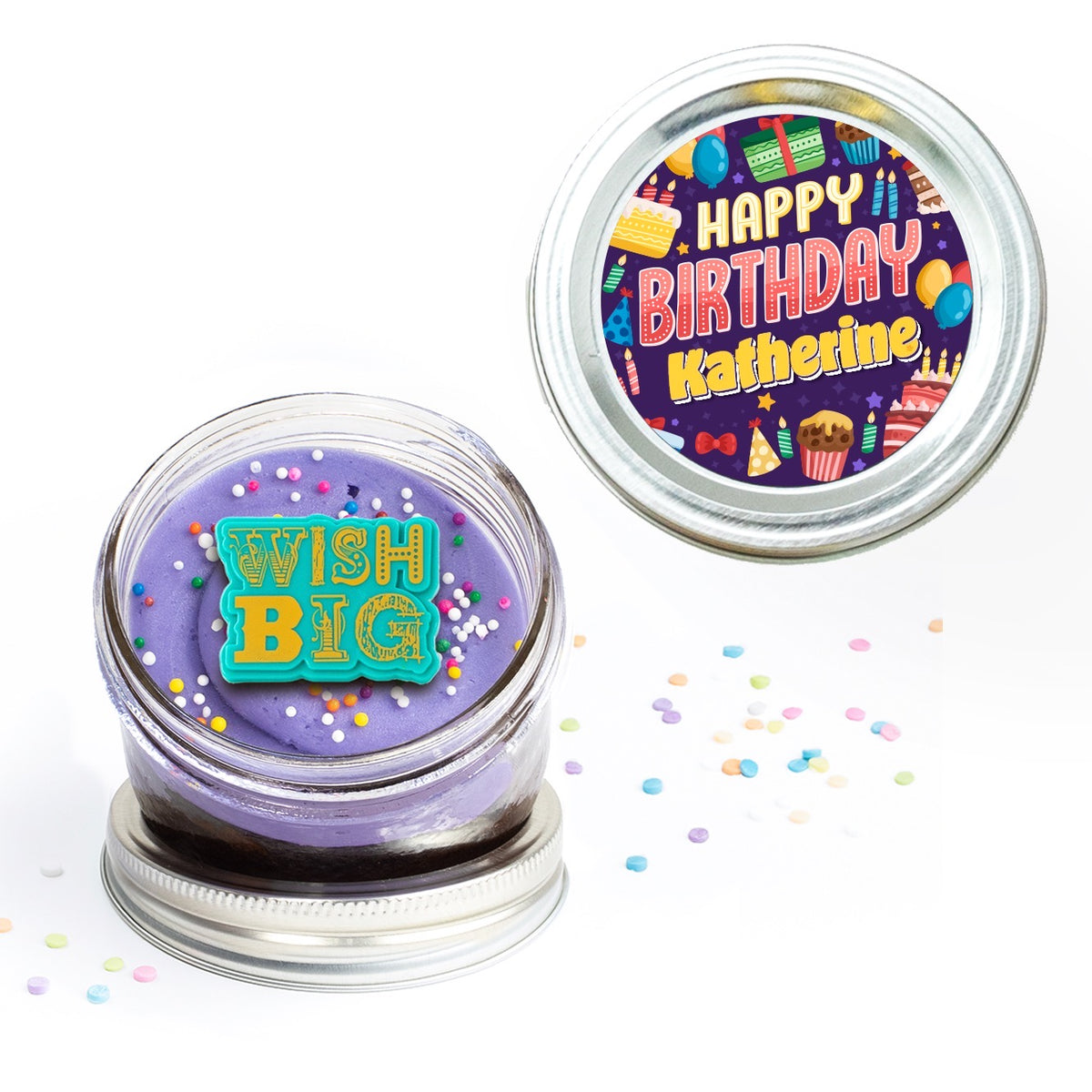Happy Birthday Graphics Jarcake in a jar with bold birthday sticker applied to a gourmet cupcake jar (various flavours available) for nut-free delivery in Toronto.