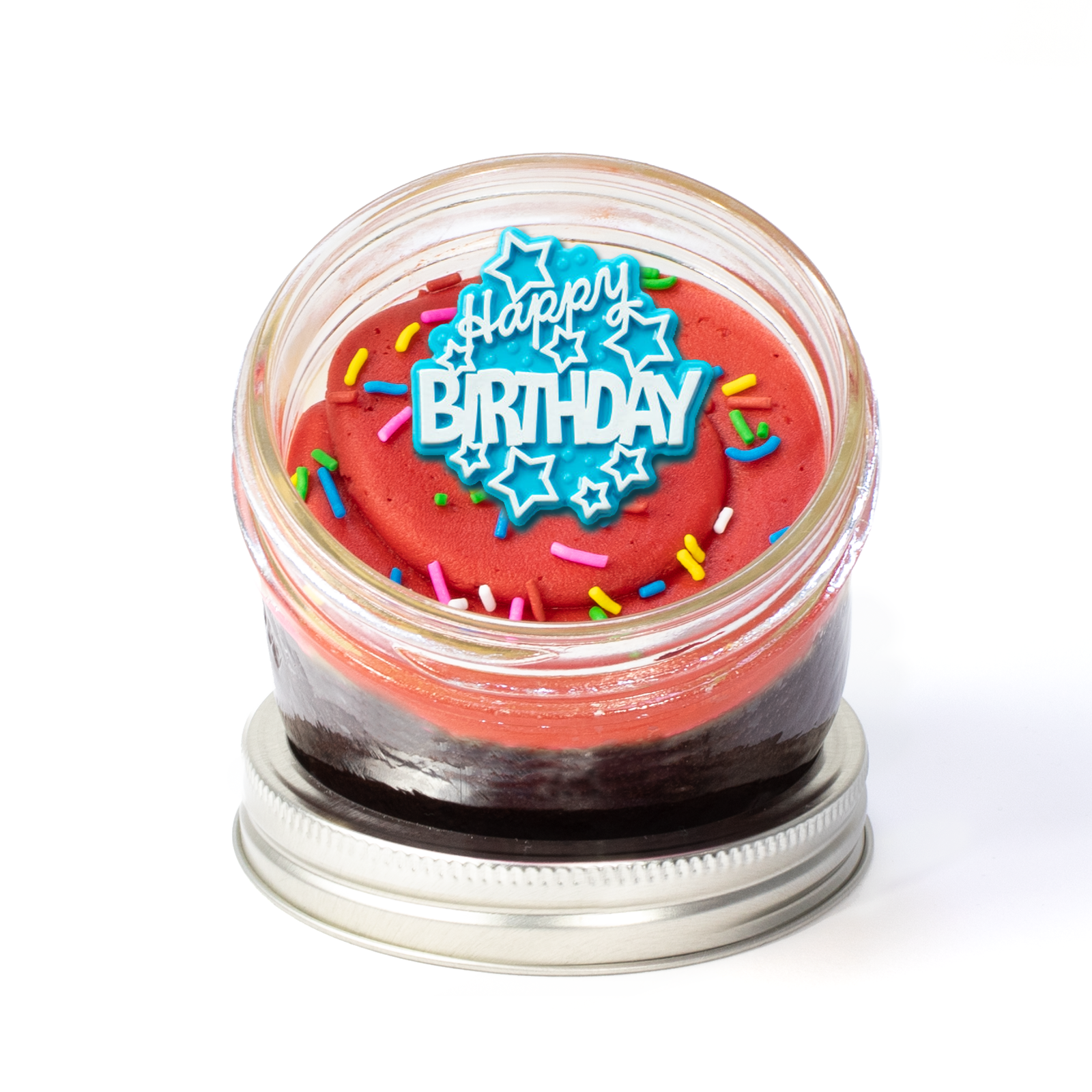Happy Birthday Jarcake (Mini/Regular sizes) in a jar with personalized sticker option, colourful frosting, and birthday ring for nut-free delivery in Toronto.
