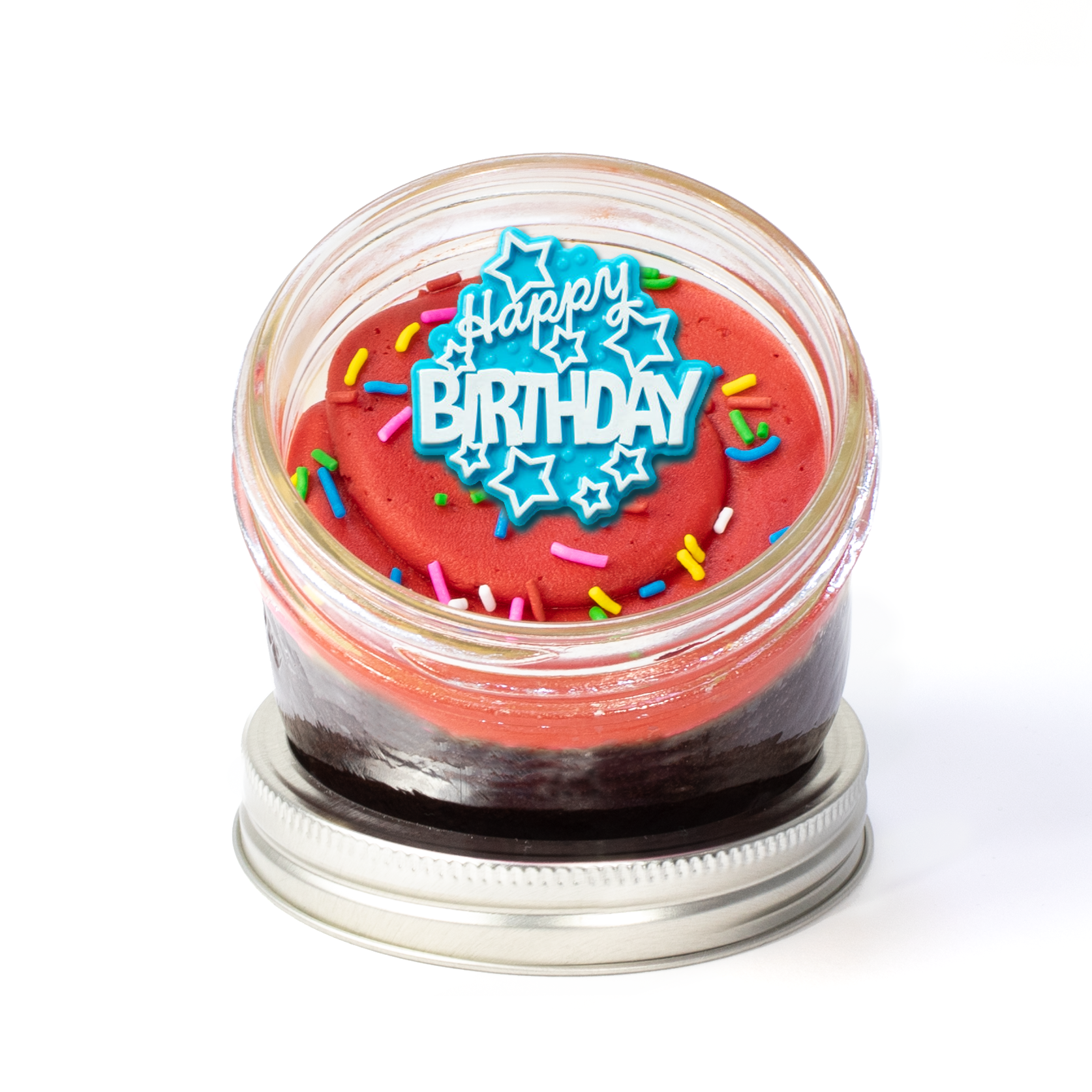 Happy Birthday Jarcake (Mini/Regular sizes) in a jar with personalized sticker option, colourful frosting, and birthday ring for nut-free delivery in Toronto.