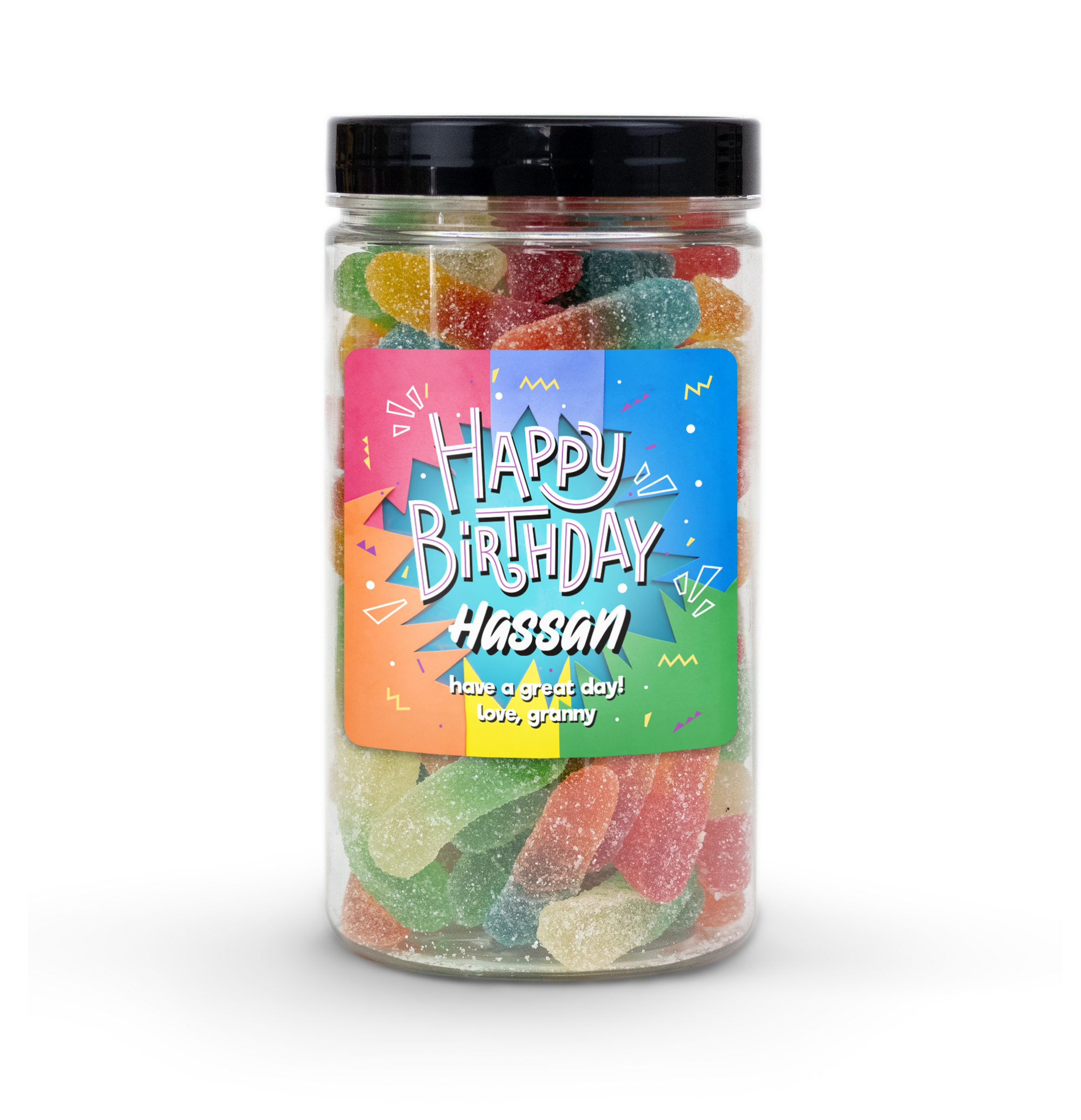 Happy Birthday Paper Cut Out Candy Jar (6" tall) with custom name and message sticker, filled with nut-free Boom Candy for delivery in Toronto.