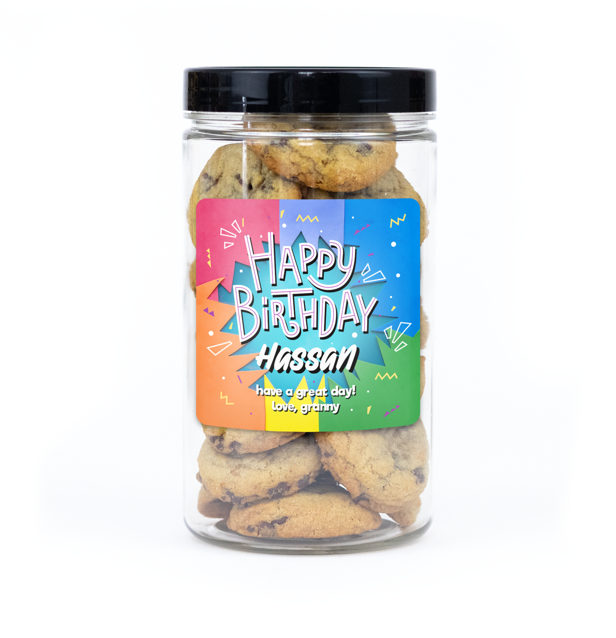 Happy Birthday Paper Cut Out Cookie Jar (6" tall) with custom name and message sticker, filled with 20 mini cookies (Choc Chip, S'mores, Red Velvet) for delivery in Toronto.