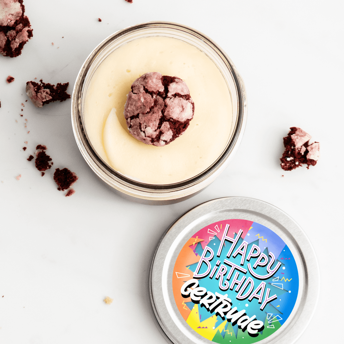 Happy Birthday Paper Cut Out Jarcake in a jar with crafty style sticker applied to a gourmet cupcake jar (various flavours available) for nut-free delivery in Toronto.