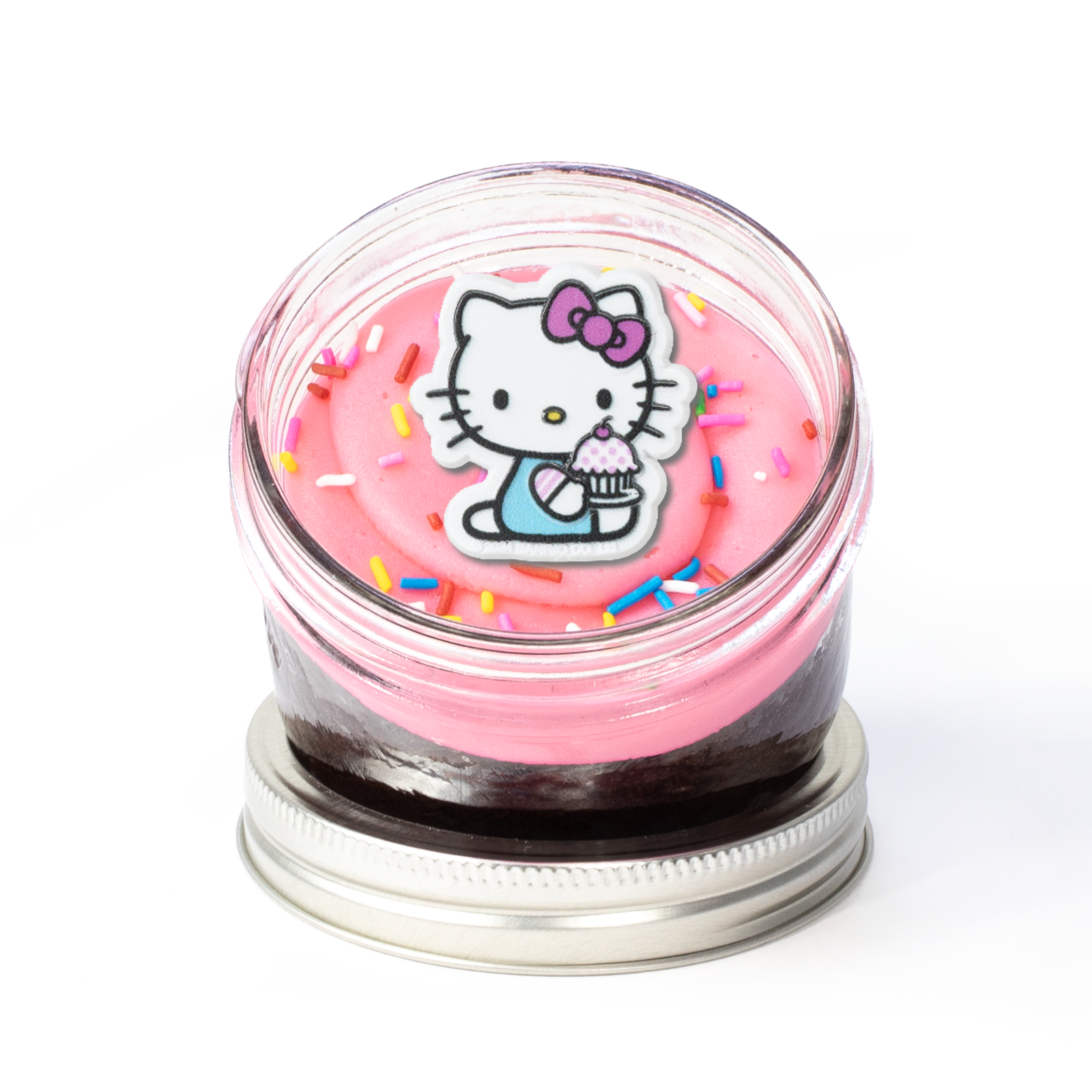 Hello Kitty Jarcake (Mini/Regular sizes) in a jar with personalized sticker option, pink frosting, and Hello Kitty ring for nut-free delivery in Toronto.