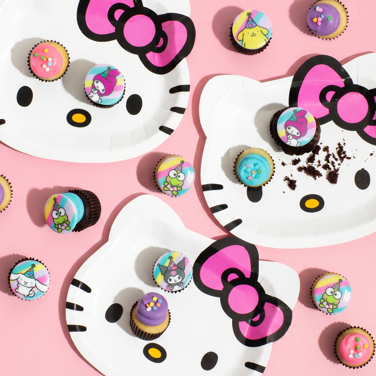 A dozen officially licensed Hello Kitty and Friends nut-free cupcakes. Vanilla and chocolate bases with pink, purple, and blue frosting topped with non-edible keepsake character rings.