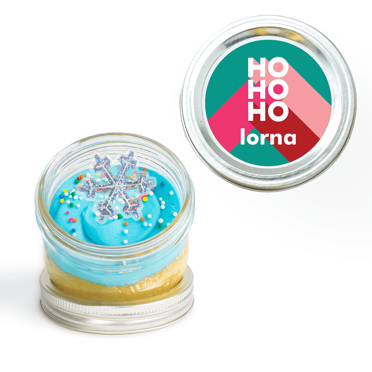 Ho Ho Ho Personalized Jarcake in a jar with sticker applied to a gourmet cupcake jar (various flavours available) for nut-free delivery in Toronto.