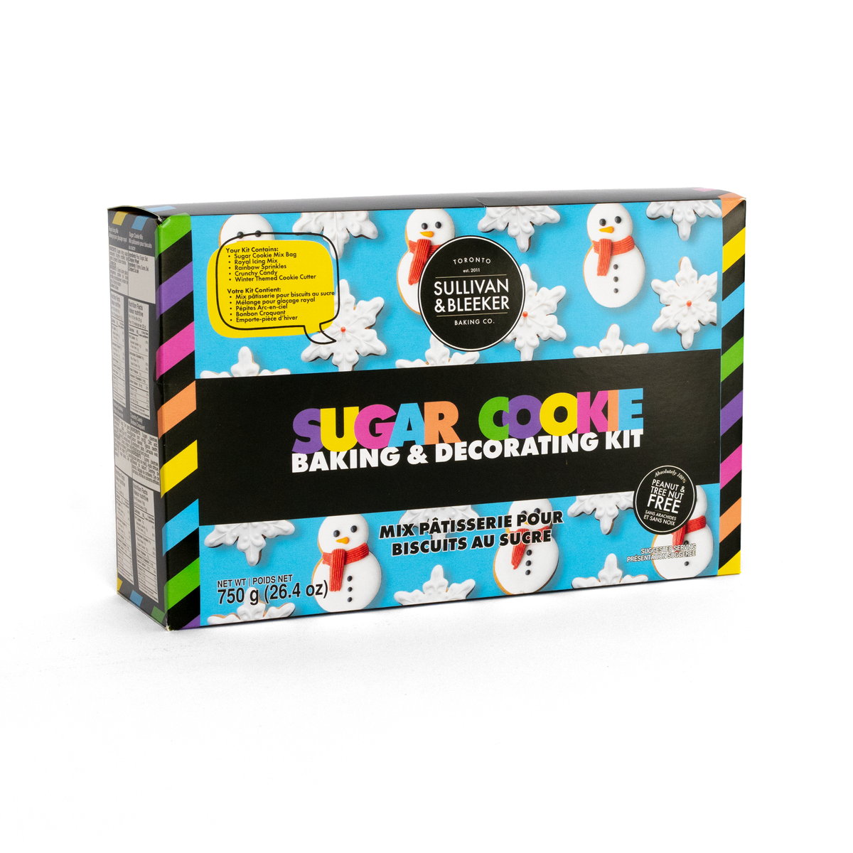 Holiday Sugar Cookie Decorating Kit box with nut-free cookie mix, icing, and festive snowman and snowflake cookie cutters for family activity.