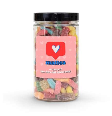 "I Like You" Candy Jar (6" tall) with custom name and message sticker, filled with nut-free Boom Candy for delivery in Toronto.