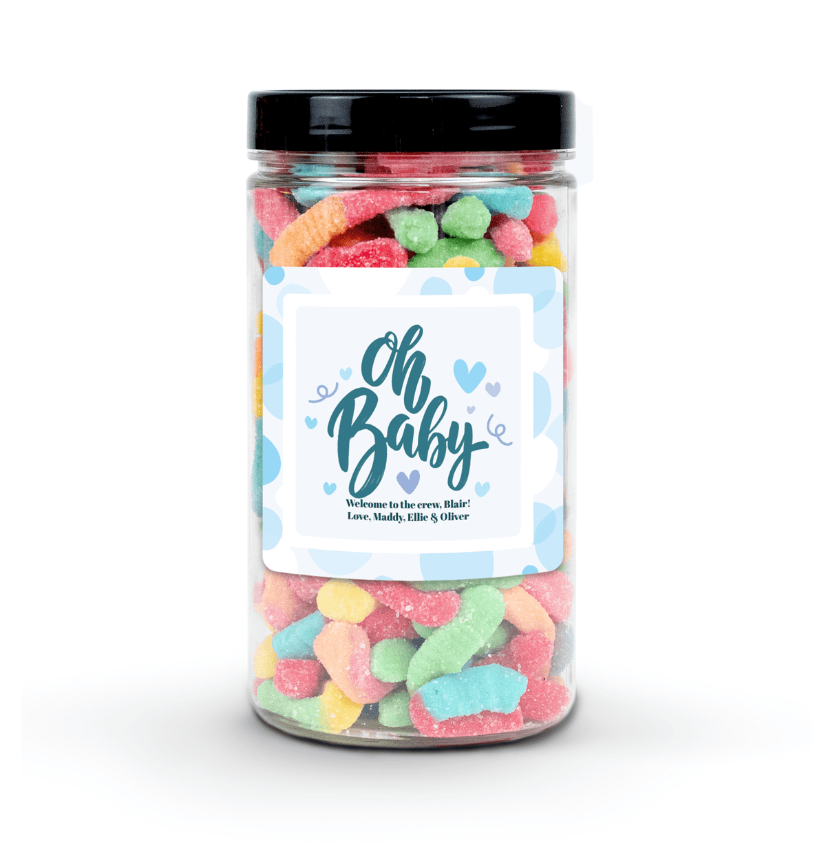 "It's a Boy" Personalized Candy Jar (6" tall) with custom name and message sticker, filled with nut-free Boom Candy for delivery in Toronto.