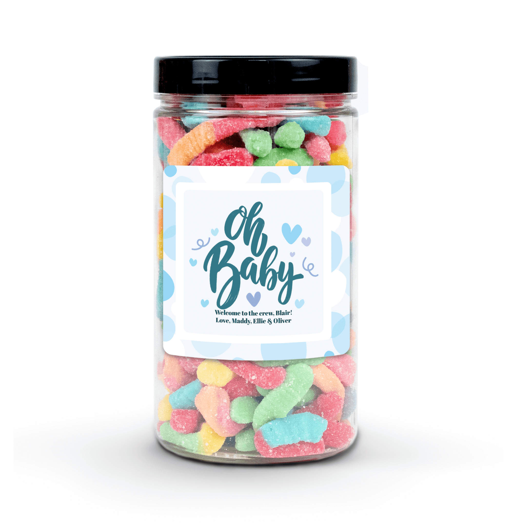 "It's a Boy" Personalized Candy Jar (6" tall) with custom name and message sticker, filled with nut-free Boom Candy for delivery in Toronto.
