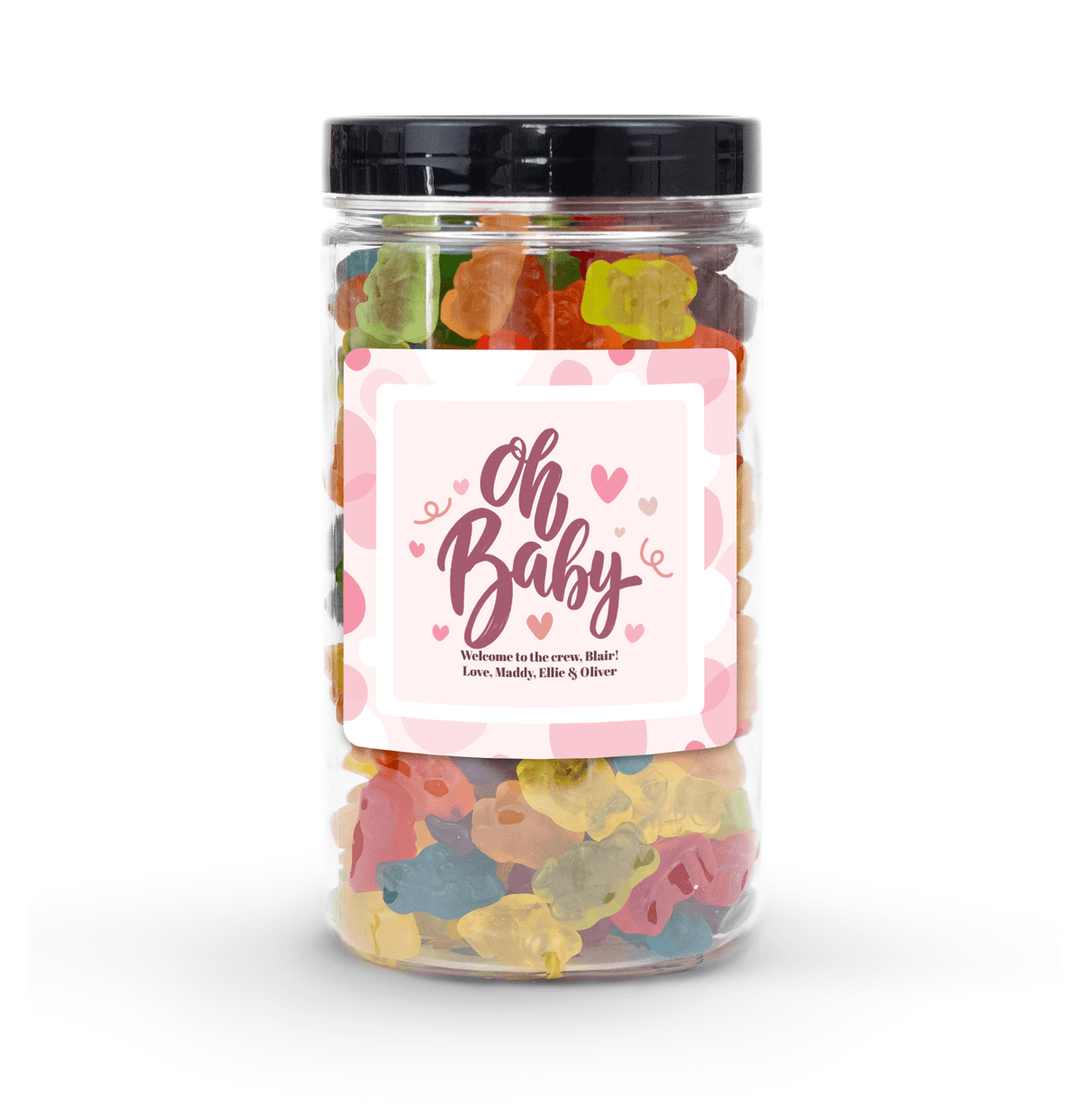 "It's a Girl" Personalized Candy Jar (6" tall) with custom name and message sticker, filled with nut-free Boom Candy for delivery in Toronto.