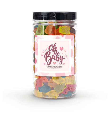 "It's a Girl" Personalized Candy Jar (6" tall) with custom name and message sticker, filled with nut-free Boom Candy for delivery in Toronto.