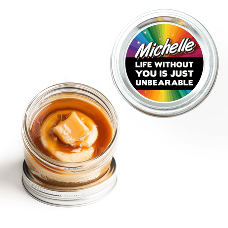 "Life Without You" Personalized Jarcake in a jar with punny sticker applied to a gourmet cupcake jar (various flavours available) for nut-free delivery in Toronto.