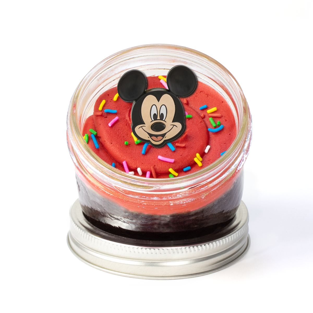 Mickey and Minnie Mouse Jarcake (Mini/Regular sizes) in a jar with personalized sticker option, themed frosting, and character rings for nut-free delivery in Toronto.