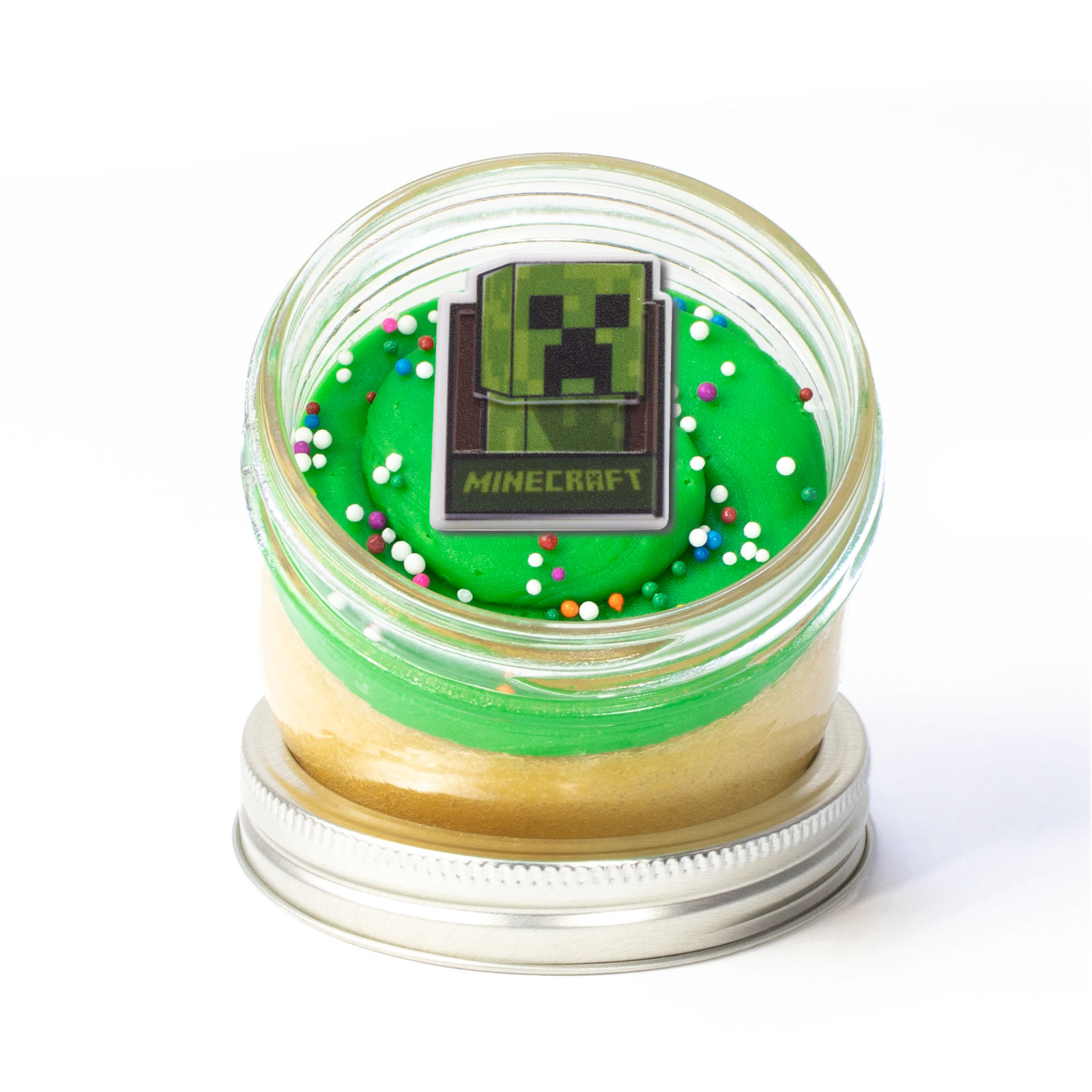 Minecraft Jarcake (Mini/Regular sizes) in a jar with personalized sticker option, green frosting, and Creeper ring for nut-free delivery in Toronto.