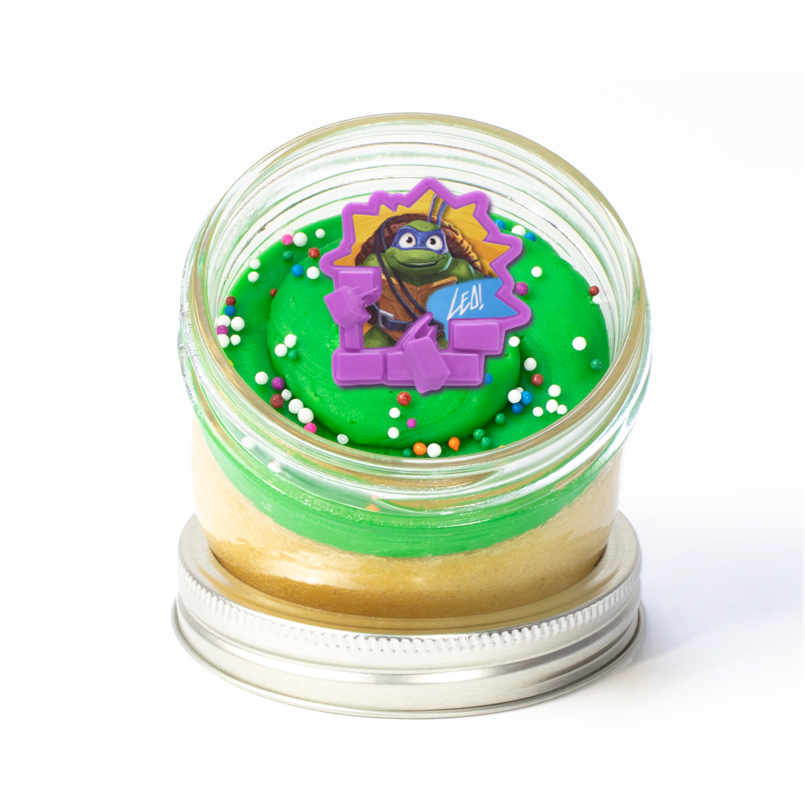 Ninja Turtles Jarcake (Mini/Regular sizes) in a jar with personalized sticker option, green frosting, and TMNT ring for nut-free delivery in Toronto.