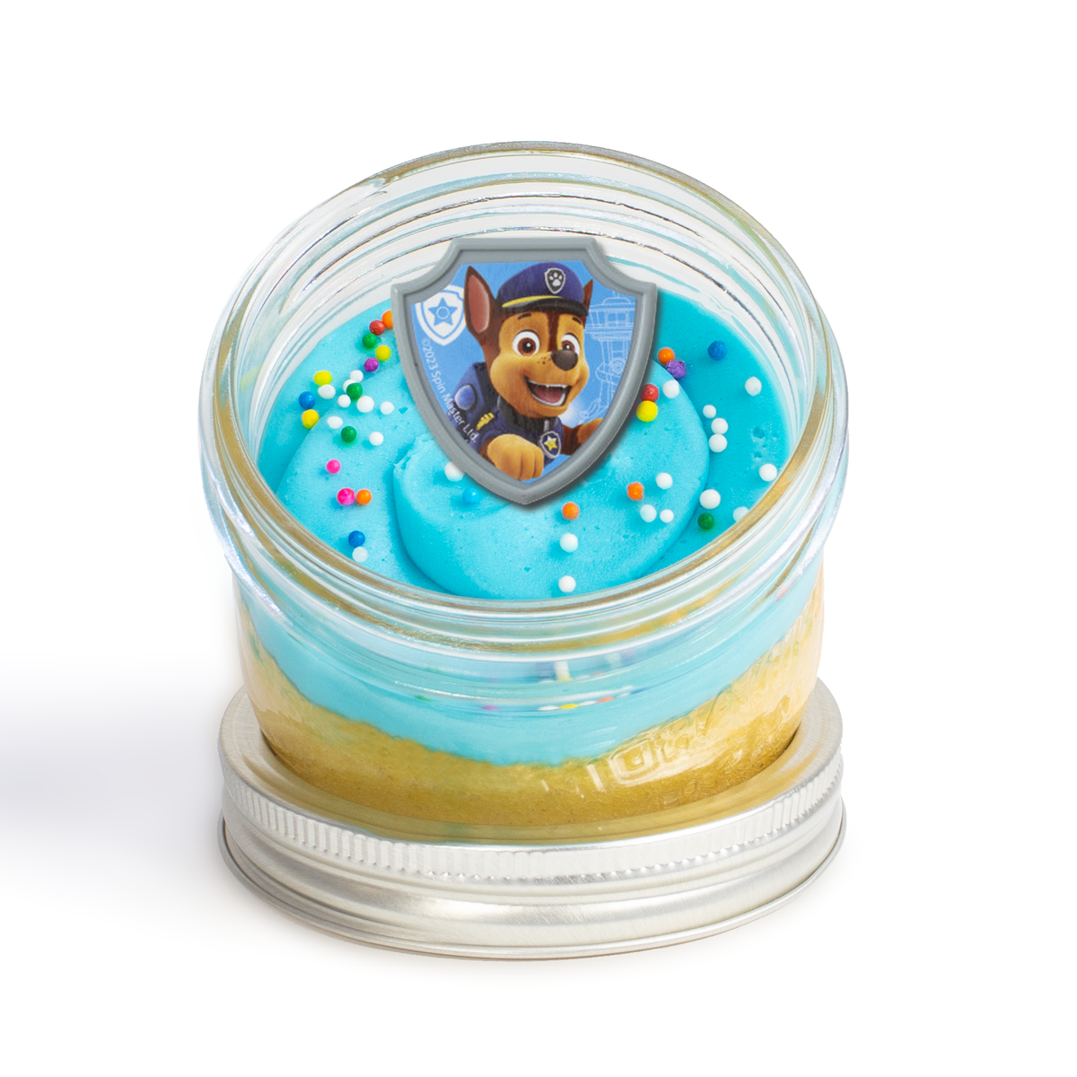 Paw Patrol Jarcake (Mini/Regular sizes) in a jar with personalized sticker option, themed frosting, and Chase/Marshall ring for nut-free delivery in Toronto.