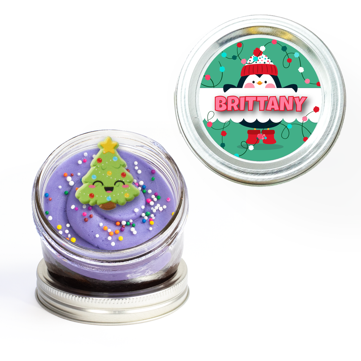 Penguin Personalized Jarcake in a jar with cute winter sticker applied to a gourmet cupcake jar (various flavours available) for nut-free delivery in Toronto.