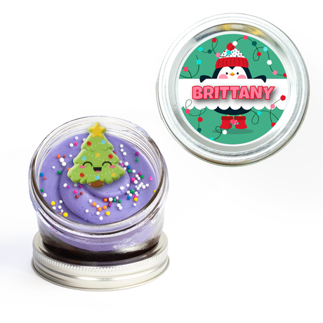Penguin Personalized Jarcake in a jar with cute winter sticker applied to a gourmet cupcake jar (various flavours available) for nut-free delivery in Toronto.